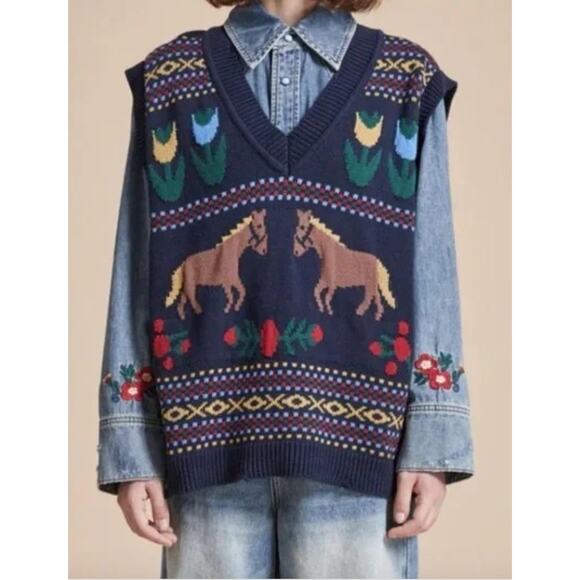 Free People Found  Horse Fair Isles Knit Sweater Vest Tulips Oversized Size XL - Picture 1 of 7